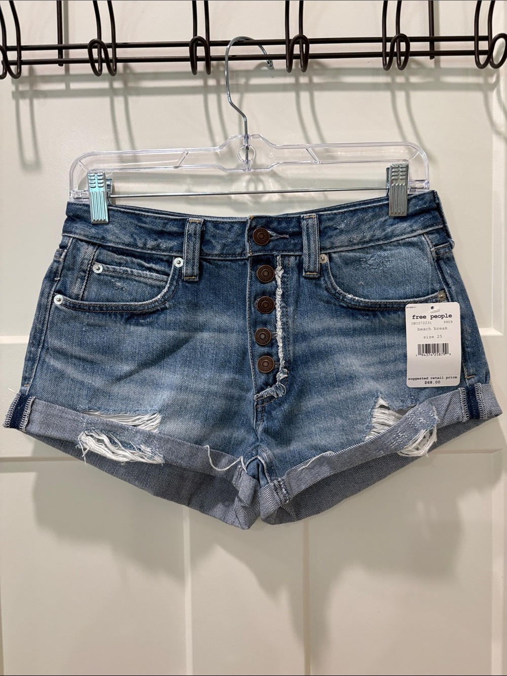 Free People Blue Distressed Button-Front Denim Shorts